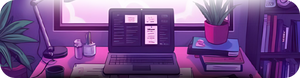 Laptop on a desk with books and a plant in a room with purple lighting