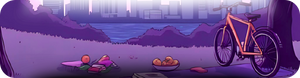 Bicycle on a purple landscape with a city skyline across a body of water.