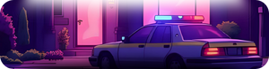 Police car with flashing lights parked outside a building at night.