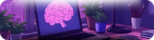 Desk with computer monitor displaying a brain graphic, surrounded by plants in a dimly lit room.